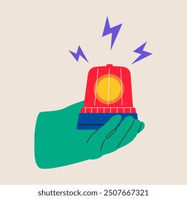 Hand holding notification emergency siren. Colorful vector illustration