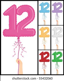 Hand holding a number 12 shaped balloon for "12TH Birthday", isolated on white and in 7 color options each individually grouped and on separate layers.