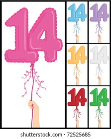 Hand holding a number 14 shaped balloon for "14TH Birthday", isolated on white and in 7 color options each individually grouped and on separate layers.