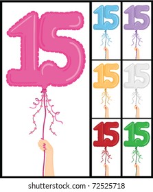 Hand holding a number 15 shaped balloon for "15TH Birthday", isolated on white and in 7 color options each individually grouped and on separate layers.