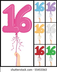 Hand holding a number 16 shaped balloon for "16TH Birthday", isolated on white and in 7 color options each individually grouped and on separate layers.