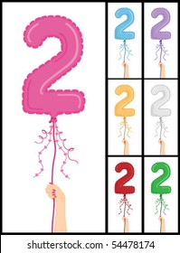 Hand holding a number 2 shaped balloon for "2nd Birthday" isolated on white and in 7 color options each individually grouped and on separate layers.