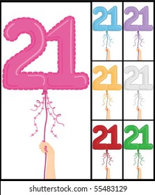 Hand holding a number 21 shaped balloon for "21ST Birthday", isolated on white and in 7 color options each individually grouped and on separate layers.