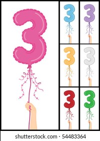 Hand holding number 3 shaped balloon for "3RD Birthday" isolated on a white background and in 7 color options each individually grouped and on separate layers.