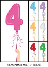 Hand holding a number 4 shaped balloon for "4TH Birthday", isolated on a white background, in 7 color options each individually grouped and on separate layers.