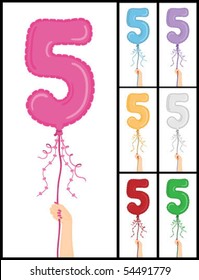 Hand holding a number 5 shaped balloon for "5TH Birthday", isolated on white and in 7 color options each individually grouped and on separate layers.