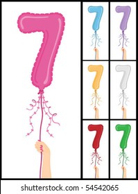 Hand holding a number 7 shaped balloon for "7RD Birthday" isolated on a white background and in 7 color options each individually grouped and on separate layers.