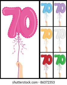 Hand holding a number 70 shaped balloon for "70th Birthday", isolated on white and in 7 color options each individually grouped and on separate layers.