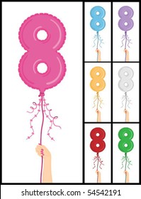 Hand holding a number 8 shaped balloon for "8TH Birthday" isolated on white and in 7 color options each individually grouped and on separate layers.