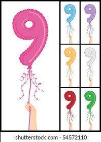 Hand holding a number 9 shaped balloon for "9TH Birthday" isolated on white and in 7 color options each individually grouped and on separate layers.