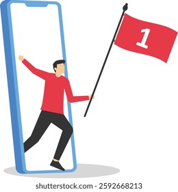 Hand holding number one flag of victory. Flat vector illustration

