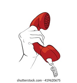 hand holding object, vintage telephone