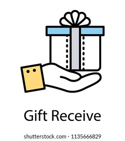 
A hand holding and offering a gift package to hold the icon for recieve 
