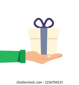 Hand holding or offering gift or present with dark blue. Vector illustration in flat style.