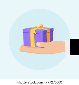 Hand holding or offering gift or present. Vector illustration in flat style. Can be used for banners, websites, advertising, etc