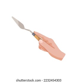Hand holding oil knife vector illustration. Hand of painter isolated on white background. Art, education, stationery, creativity concept