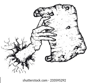 Hand holding old blank paper/ Illustration of doodle sketched hand going through a wall holding an old blank paper