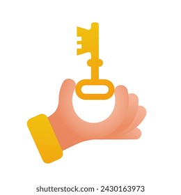 Hand holding old key. Key to a chest or an old door. Vector illustration flat design.