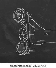 Hand holding old phone. Vector. 