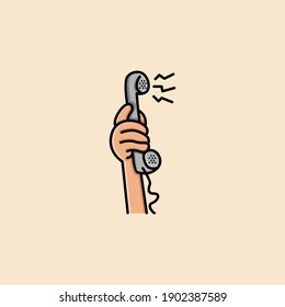 Hand holding old telephone cartoon illustration