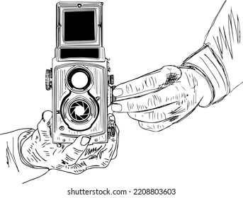 Hand Holding Old Vintage Photography Camera Sketch Drawing, Old Retro Photo Camera In Hand Outline Vector Illustration, Photographer Logo, Camera Clip Art Silhouette, Camera Doodle