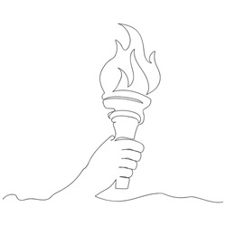 Hand Holding Olympic Torch, Solid Line Drawing. Vector