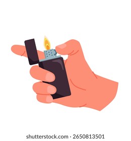Hand holding one burning lighter with hot fire. Fingers of man hold lighter to light flame of bonfire, cook on gas stove in kitchen or smoke cigarette cartoon