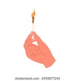 Hand holding one burning wooden match with hot fire. Fingers of man hold lit wood matchstick to light flame of bonfire, cook on gas stove in kitchen or smoke cigarette cartoon vector illustration