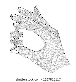 Hand holding one puzzle from abstract futuristic polygonal black lines and dots. Vector illustration.