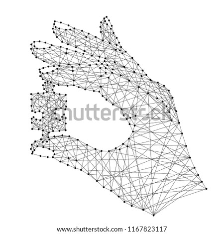 Hand holding one puzzle from abstract futuristic polygonal black lines and dots. Vector illustration.