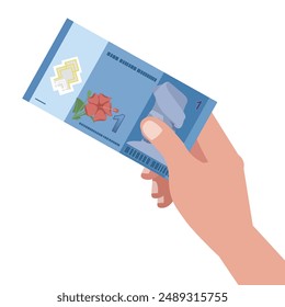 Hand holding one Ringgit Malaysia currency banknote cash paper money.