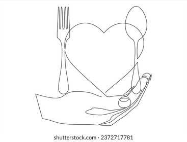 mano sosteniendo un dibujo de una sola línea de cuchara de horquilla e icono del corazón. signo del restaurante de comida. símbolo de la comida de amor