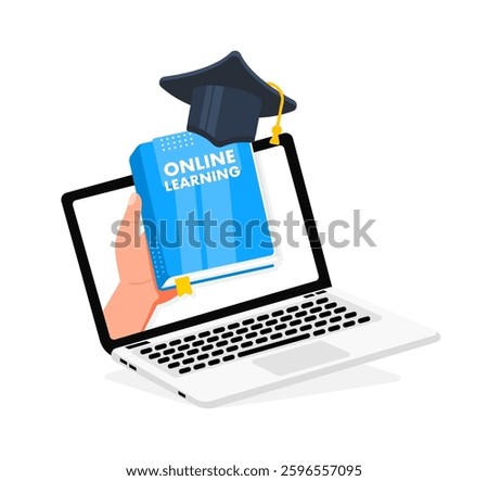 Hand holding online learning book coming out of laptop with graduation cap