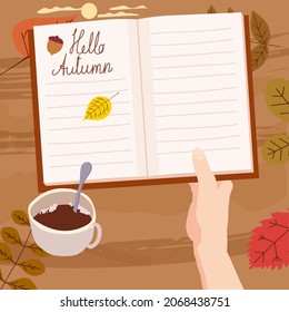 Hand holding an open Autumn Daily Diary notepad, list schedule, goals, to do, acorn, autumn leaves, coffe cup. Personal planning and organisation, organizer page. Vector illustration modern cartoon