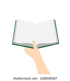 Hand holding open blank book for read. Hand book reading vector illustration