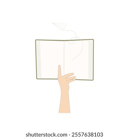 Hand holding open book. Back to school, reading, education, knowledge concept. Vector Illustration.