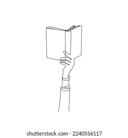 Hand holding open book in continuous one line drawing style. Reading, education concept. Hand drawn vector Illustration.