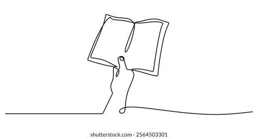 Hand holding an open book in continuous line drawing. Representing knowledge, wisdom, and personal growth. Vector illustration one line art minimalist.