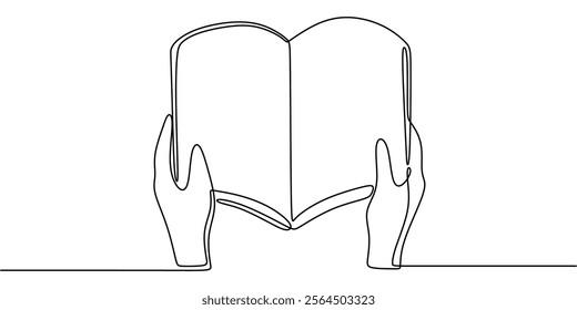 Hand holding an open book in continuous line drawing. Symbolizing knowledge, learning, and personal growth. Vector illustration hand drawn.