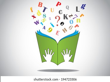 hand holding open book with flying alphabets n question mark.