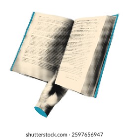 Hand holding open book halftone art collage cut out element. Paper clipping shape with vintage dotted texture. Modern retro vector illustration, sticker for mixed media design