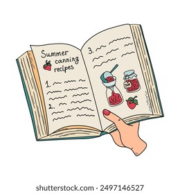 Hand holding open book. Human reading canning recipes book. Concept of choosing recipe. Design for library, bookstore. Hand drawn vector illustration.