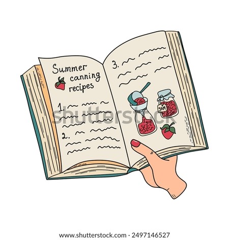 Hand holding open book. Human reading canning recipes book. Concept of choosing recipe. Design for library, bookstore. Hand drawn vector illustration.