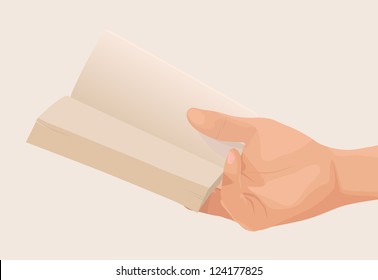 Hand holding open book, illustration by vector design.