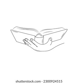 Hand holding open book. Line art. Reading, education concept. Hand drawn vector Illustration.