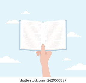 Hand holding an open book on a blue cloudy sky background. Flat vector illustration