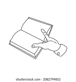 Hand holding open book Outline illustration