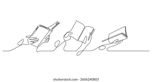 hand holding open book reading one line drawing continuous copy space minimalist art