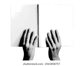 Hand holding an open book, showcasing the spine and pages. Retro, vintage grayscale design with halftone and dotted texture. Vector illustration isolated on white background.
