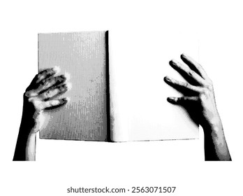 Hand holding an open book, showcasing the spine and pages, symbolizing reading and education. Retro, vintage grayscale design with halftone. Vector illustration isolated on white